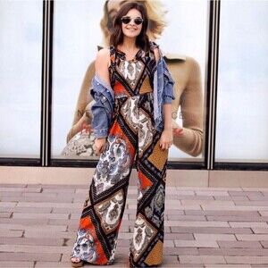 H&M Wide Leg Paisley Print Jumpsuit Size 4 Tie Shoulder Strap Smocked Bodice